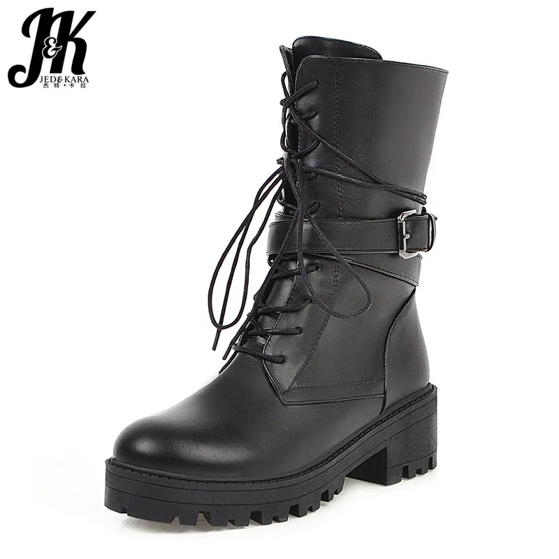 

JK Motorcycle Boots Women High Heels Army Ankle Booties Ladies Round Toe Shoes Female Platform Shoes Winter Shoes Big Size 46