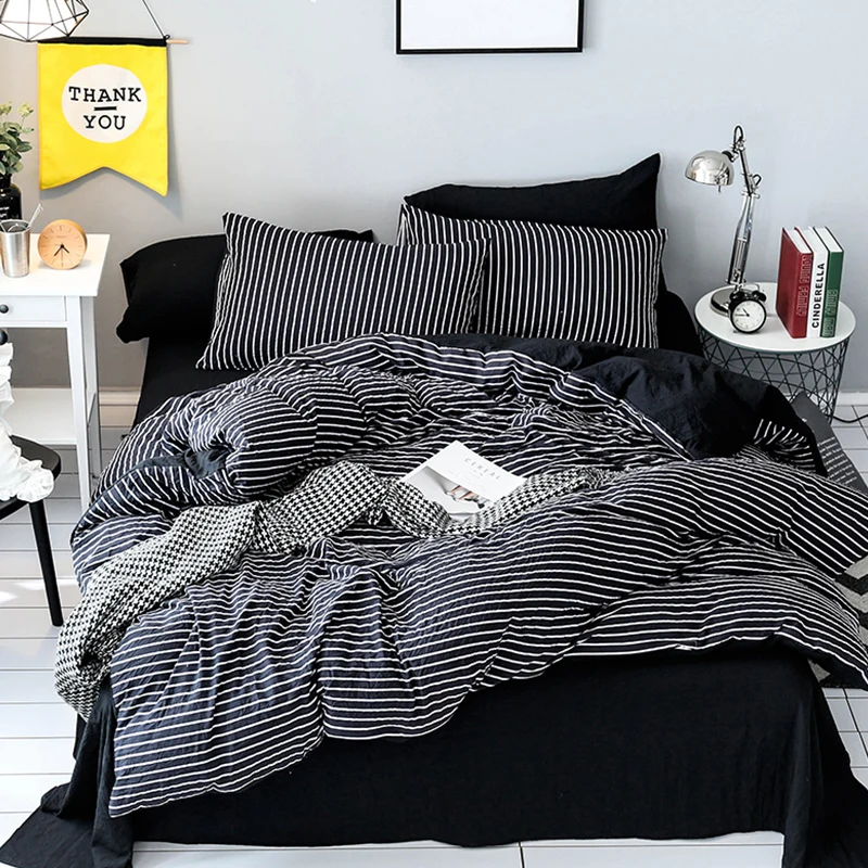 

AHSNME Classic Black and White Bedding Set Stripes Duvet Cover Sets Black Flat Bedsheet 4pcs Bedlinen Soft Washed Cotton