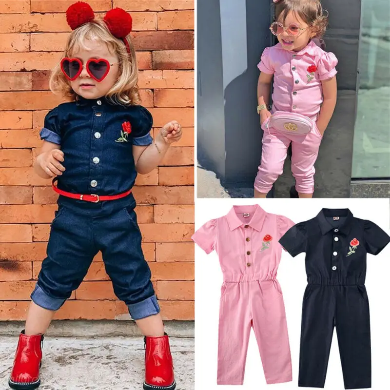 

1-6Y Infant Baby Girls Rompers Overalls Embroidery Flower Pattern Ruffles Short Sleeve Single Breasted Jumpsuits Clothes