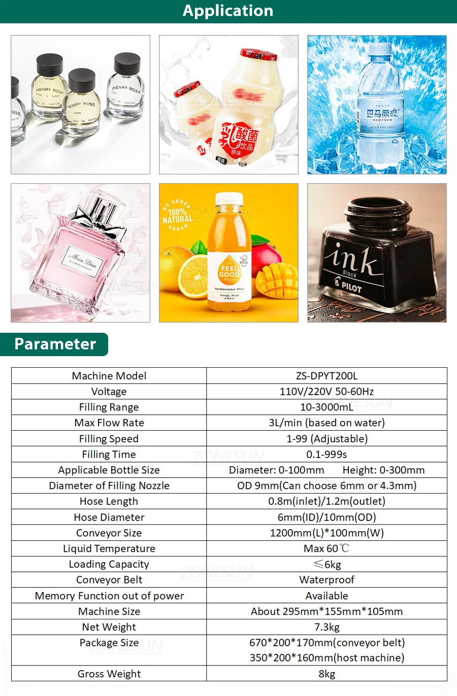 ZONEPACK ZS-DPYT200L Автоматическая машина для наполнения жидкостью Бутылка для воды Флакон для молока Парфюмерный наполнитель Двойные головки с более длинным конвейером