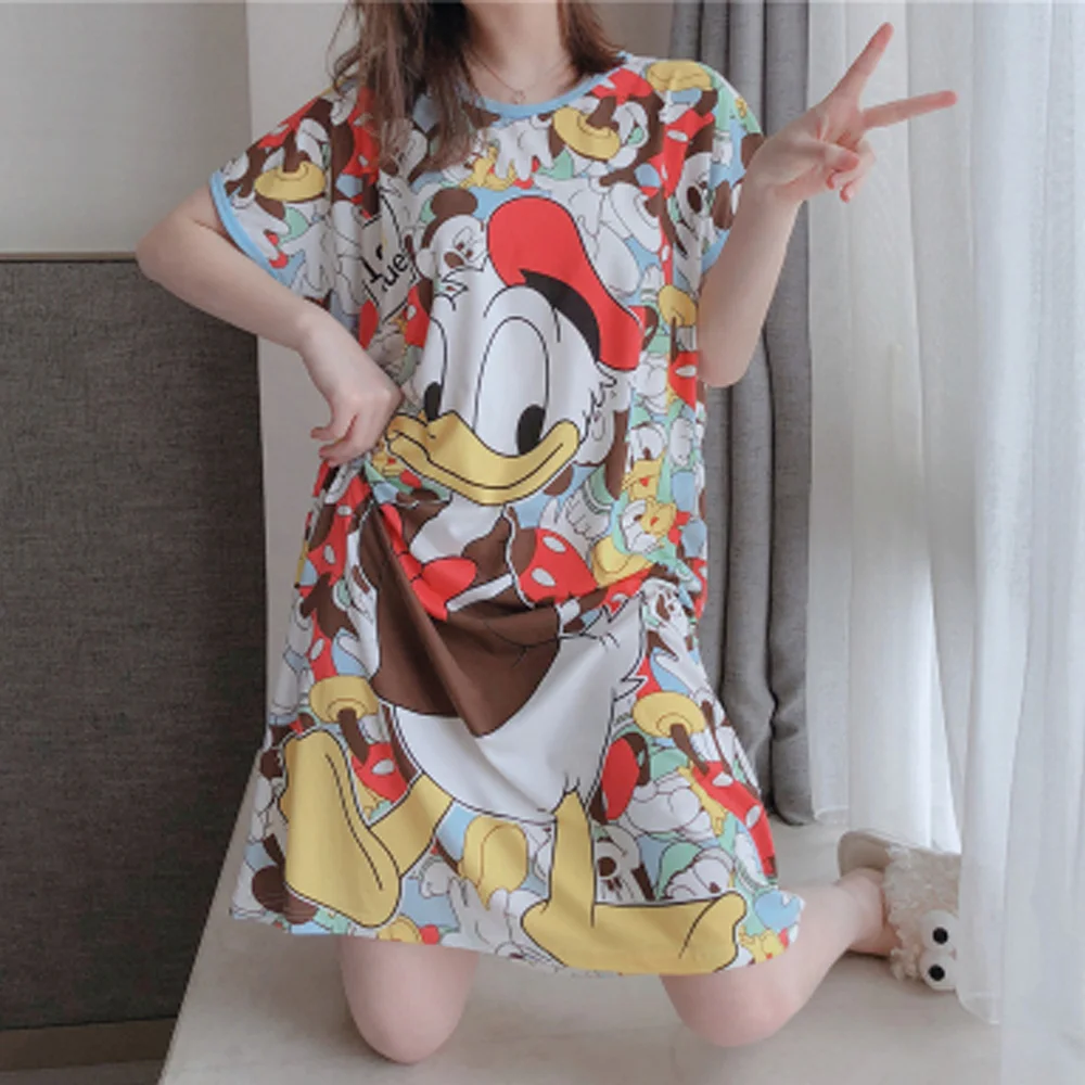 Disney Fashion Minnie Mickey Mouse Goofy Daisy Donald Duck Cartoon Print Loose Nightgowns Sleepshirts Sweet Women Sleep Tops