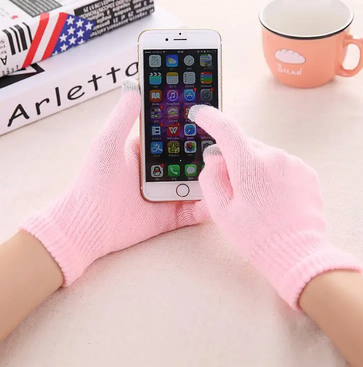 pink Женские кашемировые шерстяные вязаные перчатки, зимние теплые толстые перчатки для сенсорного экрана, однотонные варежки для мобильного телефона, планшета - Цвет: pink