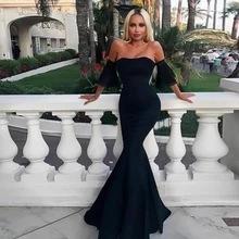 

Simple Jersey Off The Shoulder Strapless Woman Evening Dresses Sexy Elegant Floor Length Mermaid Prom Gown With Short Sleeve