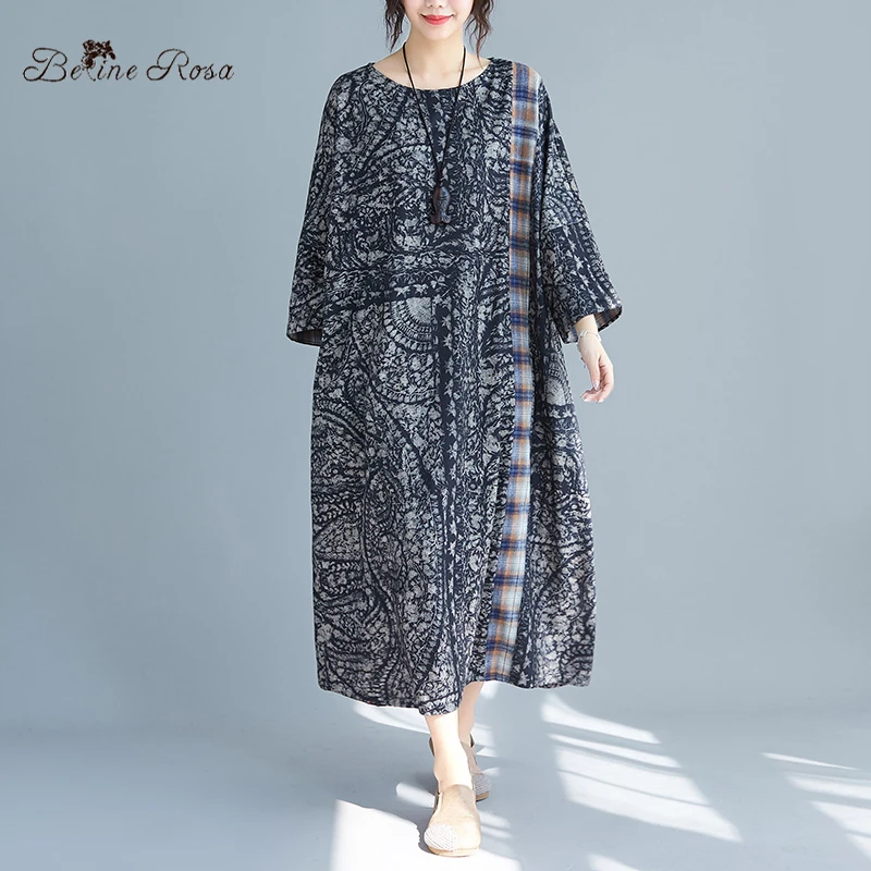 

BelineRosa Chinese National Style Vintage Printing Autumn Dresses Three Quarter Sleeve Large Size Women Clothing HXFS0009