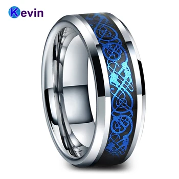 

Tungsten Ring Men Wedding Band Ring With Black Carbon Fiber And Blue Dragon Inlay Width 8MM