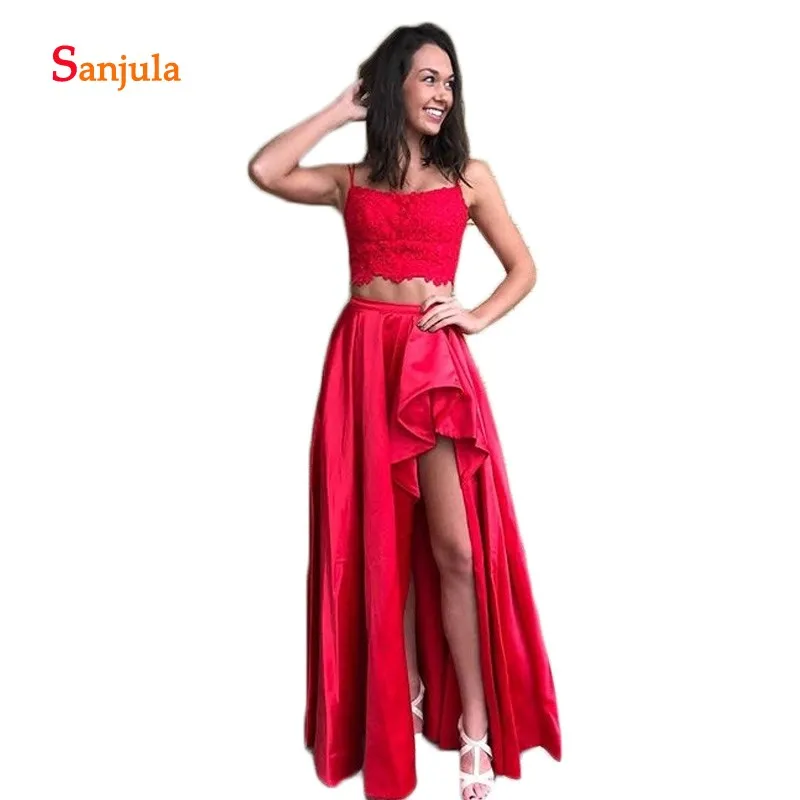 

Lace Crop Top Sexy Girls Prom Dresses High Low Skirt Prom Gowns Two Piecs Long Red Satin Homecoming bestidos de gala D1209