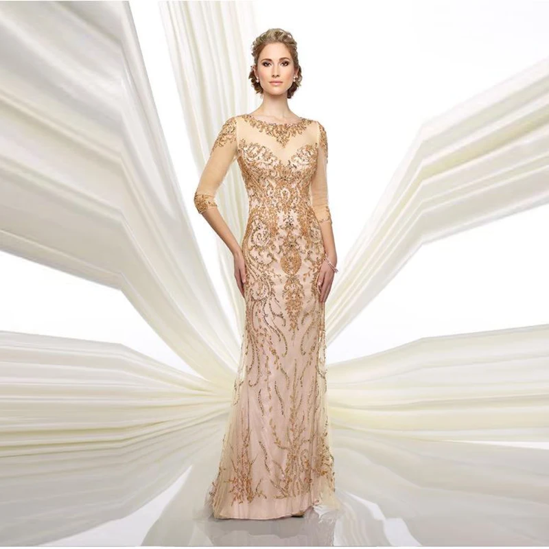 Vestidos de Festa Mãe dos Vestidos de Noiva com Três Novo Luxo Ouro Miçangas Jewel Neck Quartos Manga Casamento Luxuoso 5 dos vestidos de noiva com três quartos