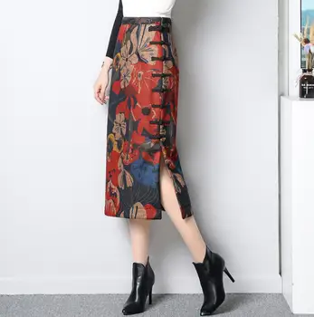 

2020 Autumn Winter Split One-Step Wrap Skirts Women High Waist vintage Button Floral Print Woolen Midi Skirt r1666