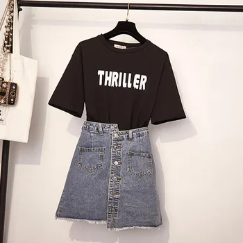 

Plus Size S-3XL Two Piece Jeans sets Women Fashion Letters Print Loose Long T-shirt + Single-breasted Irregular Denim Skirts Set