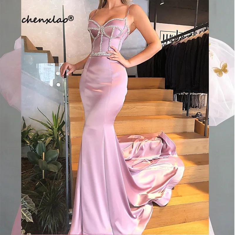 Вечерние платья Vestido de festa длинное атласное платье на тонких бретельках с ручной отделкой из бисера, длинное вечернее платье, платья Vesitdo de festa