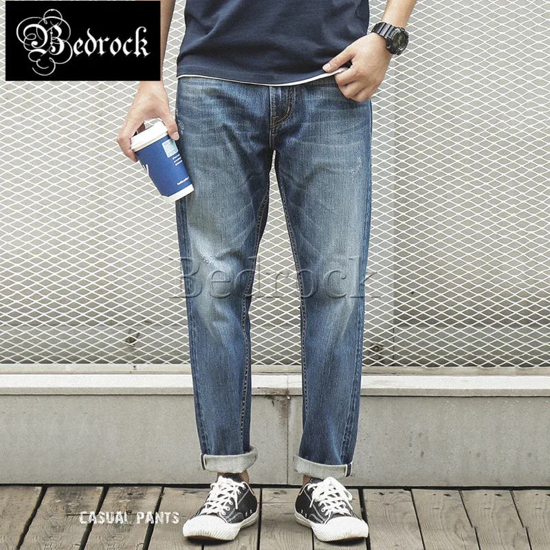 MBBCAR summer thin slim classic pencil pants cat whiskers distressed cropped jeans male vintage raw denim one washed jeans 7247