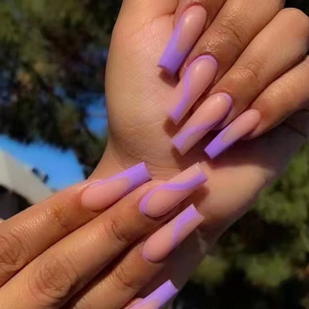 24pcs/box Purple French False Nails Patches Press On Nails With Design  Coffin Fake Nail Detachable Ballerina Full Cover Nails - False Nails -  AliExpress