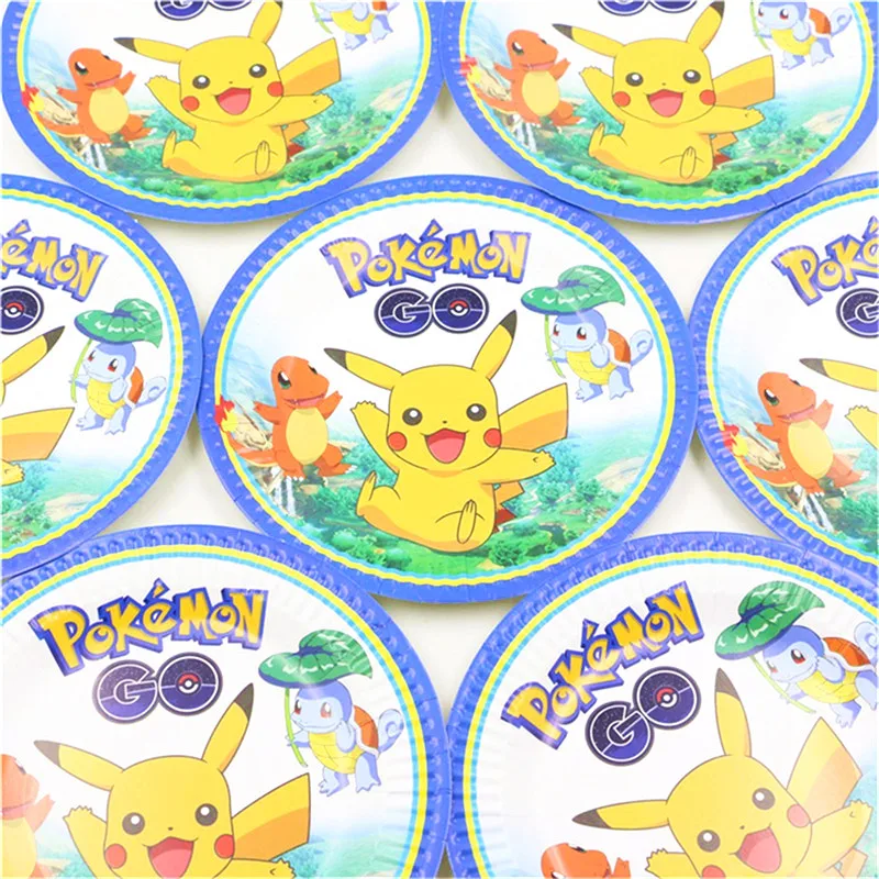 Тема Pokemon Go, 10 шт./лот, для детского душа, 7 дюймов, бумажные тарелки, Детские тарелки для дня рождения, семейные вечерние тарелки с рисунками из мультфильмов, круглые тарелки