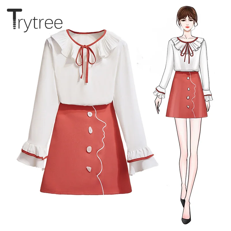Trytree осенний Женский комплект из двух предметов, повседневный однотонный топ с оборками и расклешенными рукавами+ юбка, модный мини-костюм на молнии, комплект из 2 предметов
