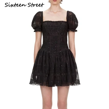 

2020 New Summer Square Collar Dress Woman Sequin Short Sleeve Black Solid Chiffon Mini Dress for Party Female Runway Fashion