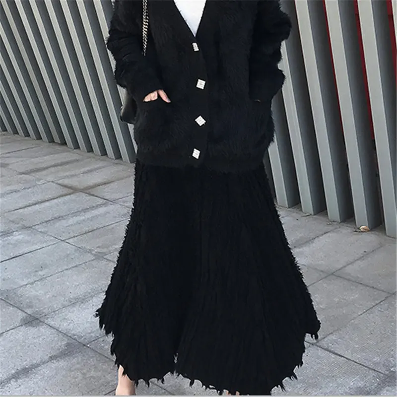 Однотонная уличная одежда с завышенной талией и принтом «Alien Kitty», Необычные осенне-зимние короткие обычные длинные юбки трапециевидной формы высокого качества - Цвет: black