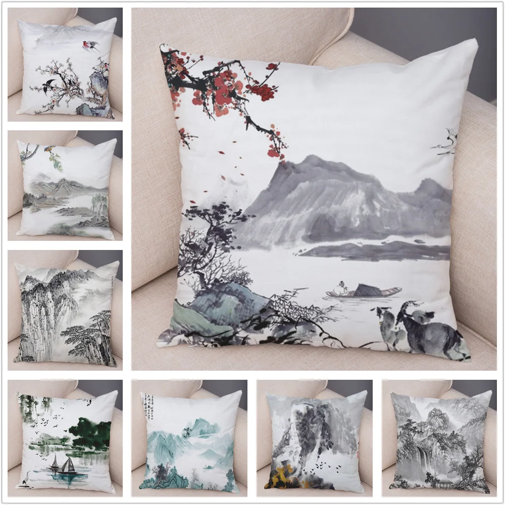

Super Soft Short Plush Decor Chinese Ink Scenic Pillow Case Polyester Cushion Cover for Sofa Home Car 45*45 cm