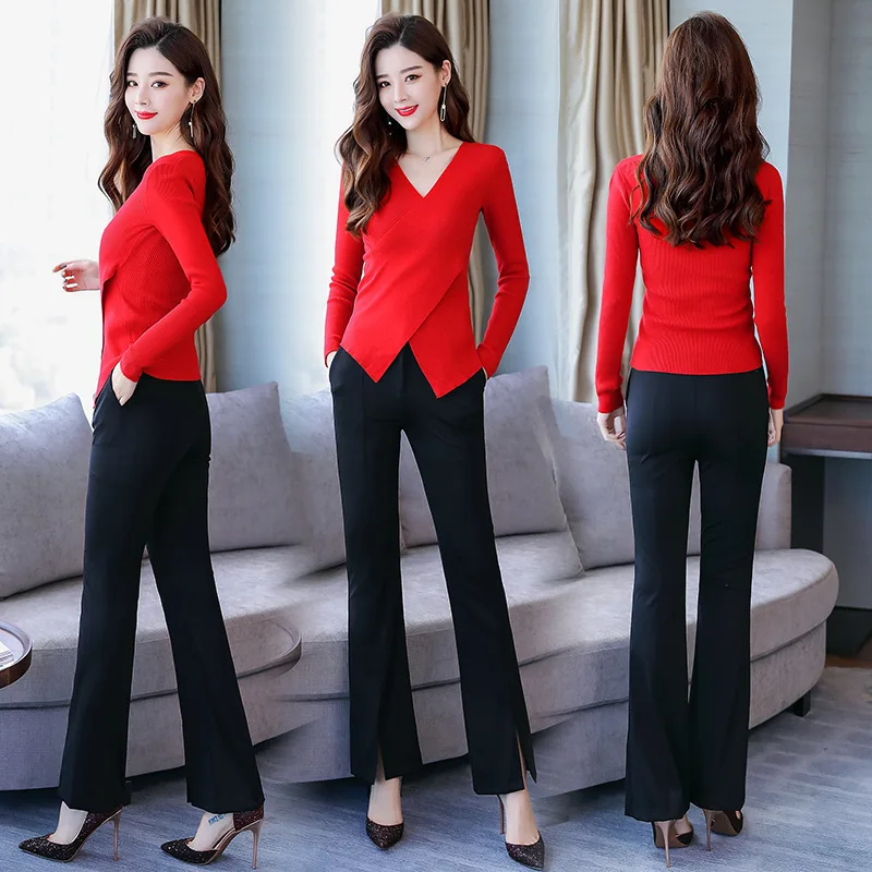 

Set Female Autumn 2018 New Style Korean-style Graceful Two-Piece Set Long Sleeve Slim Fit Tops Slit Bell-bottom Pants Women's