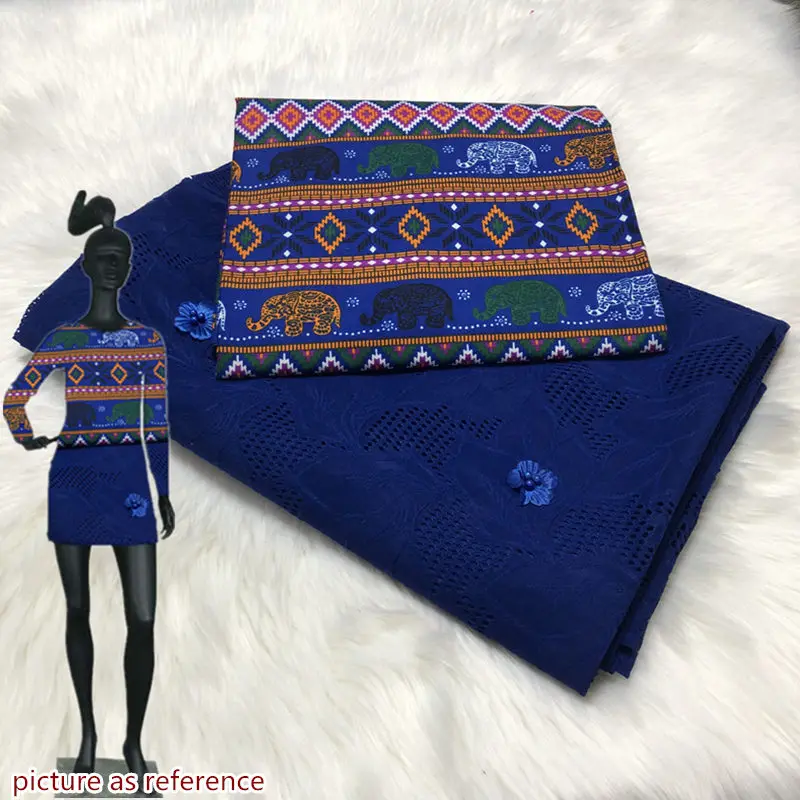 

3+2.5Yards Polyester Blue African Wax Print Fabric Ankara and HIgh Quality Polyester Swiss Voile Lace with Applique AWS30
