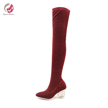 

Original Intention New Popular Fashion Over Knee High Boots Woman Sequins Red Green Gold Sexy Crystal Heels Elegant Sock Boots
