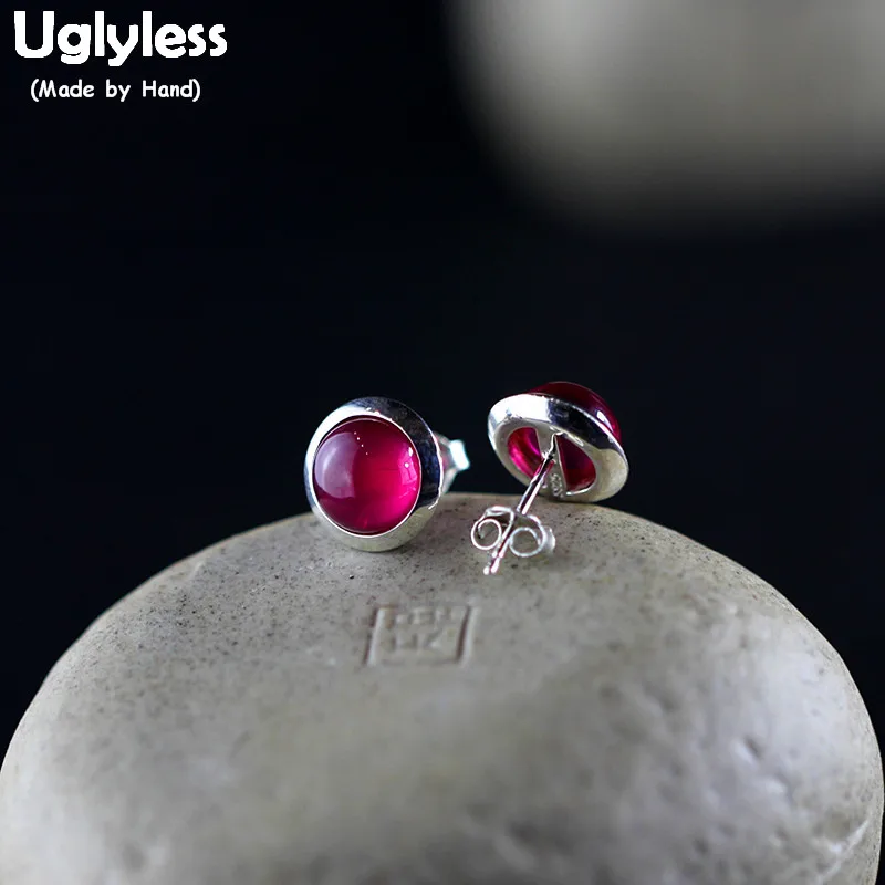 Uglyless 10MM MINI Studs Earrings for Women Corundum HOT PINK Stud Real 925 Silver Gemstones Brincos Fine Jewelry E1618 | Украшения и