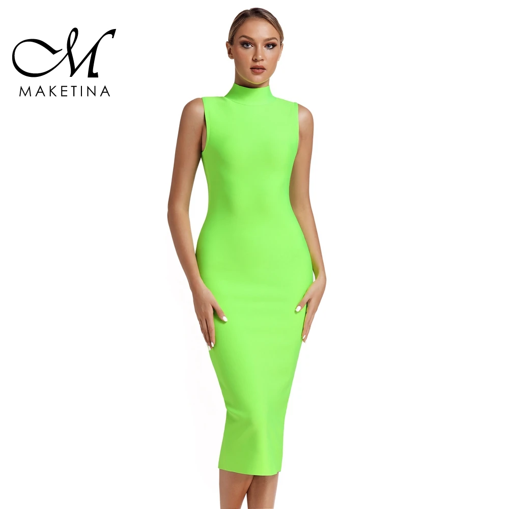 

Maketina 2019 New Summer Women Bandage Dress Sxey Sleeveless Neon Green Bandage Dress Celebrity Evening Party Dress Vestidos