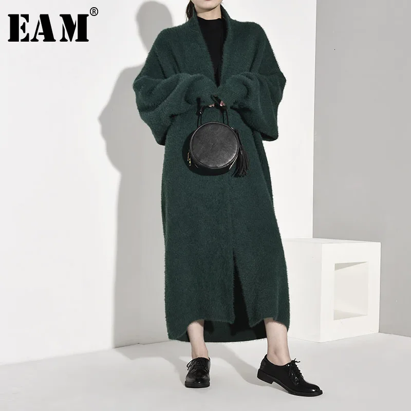 

[EAM] Green Oversized Long Knitting Sweater Cardigan Loose Fit V-Neck Long Sleeve Women New Fashion Autumn Winter 2020 JH2480