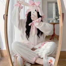 Japanese Winter Kawaii Bow Pajama Set Soft Girl Cute Coral Fleece Rabbit Ears Coat Women Trousers Warm Thickened Plush Home Wear