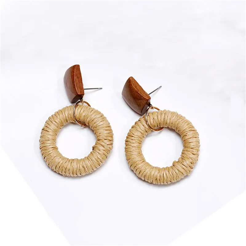 VIVILADY Boho ручной работы из натурального бамбука ротанговое плетение полый кулон женские серьги-кольца красные квадратные деревянные очаровательные ювелирные изделия Brinco