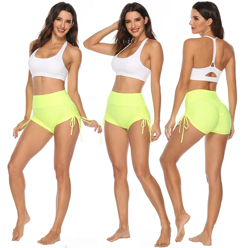 Women Solid Hot Pants Tight Stretchy Sports Cloths Fitness Elastic Side Drawstring Fit High Waist Workout Bowknot Shorts chino shorts