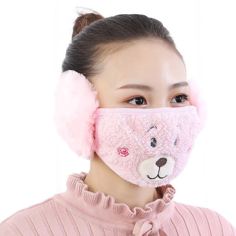 Маска для рта с изображением медведя с наушниками Модные женские противопылевые зимние маски противопылевые хлопковые маски для лица с