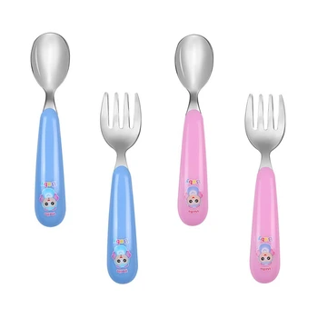 

Child Toddler Cute Cartoon Cutlery Stainless Fork Spoon Infant Baby Feeding Utensils Infant Food Feeding Spoon Fork