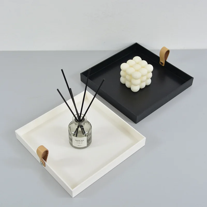 

Creative Square PU Leather Serving Tray, Decorative Dish, Home Party Decor, Desktop Storage Plate with Handle