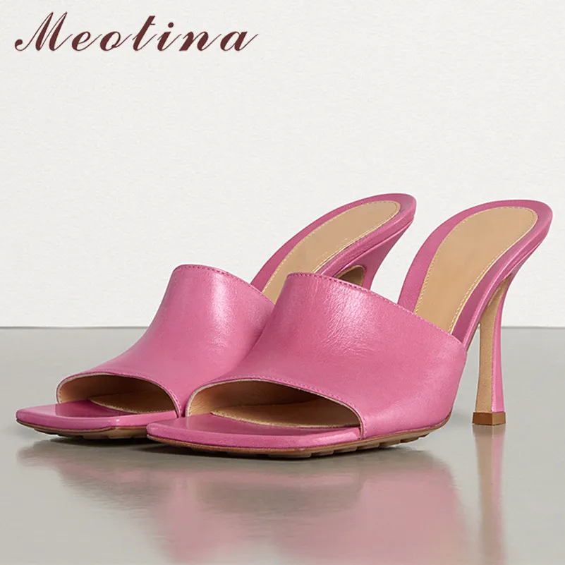 

Meotina Summer Slides Women Shoes Natural Genuine Leather Thin Heels Shoes Real Leather Extreme High Heel Slippers Lady Sandals