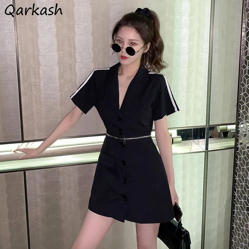 

Dress Women Streetwear Trendy Waist Zippers Notched Collar Cool Casual Single Breasted Daily Female Sundress Office Lady Fashion