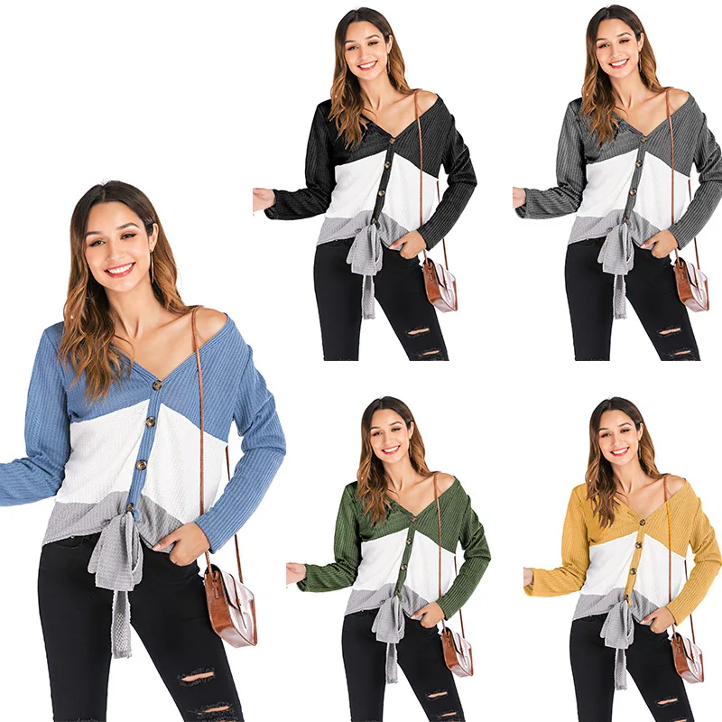 

Winter Knitting Sweater Cardigan Women Long Sleeve V-neck Colorblock Button Top Knitted Sweater Chic Woman Clothes Female Casual