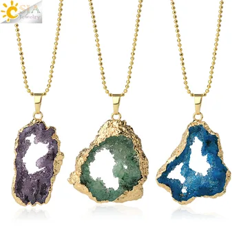 

CSJA Natural Geode Pendant Druzy Quartz Gold-color Bezel Hollow Irregular Stone Pendants Necklaces Men Women Trendy Jewelry G361