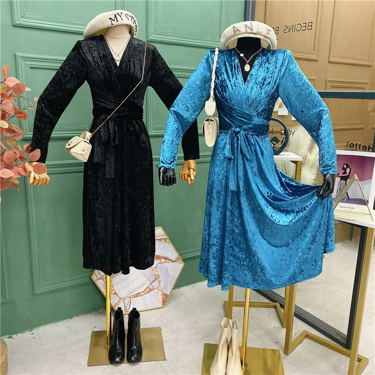 

Fall / winter 2020 new Korean retro velvet waist dress Elegant V Neck High Waist Slim Clothes Velour Long Sleeve Dress