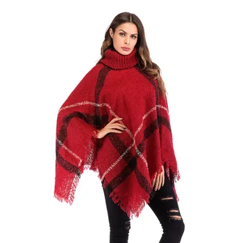 

New Women Cloak Poncho Irregular High-necked Bat Sleeve Pullover Sweater Tassel Knit Shawl Cape Female Autumn And Winter