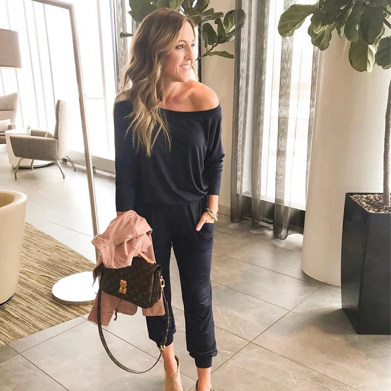 

Skew Collar Elegant Playsuits Women Autumn Sexy Off Shoulder Long Sleeve Jumpsuits Streetwear Casual Pockets Women's Overalls