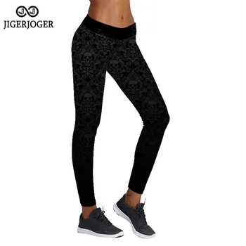 

JIGERJOGER Black skull print stitching legging pantalones de mujer yoga pants women woman pants exercise winter pants for women