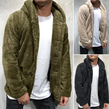 

Men Long Sleeve Solid Color Single-breasted Double-sided Plush Hooded Warm Coat