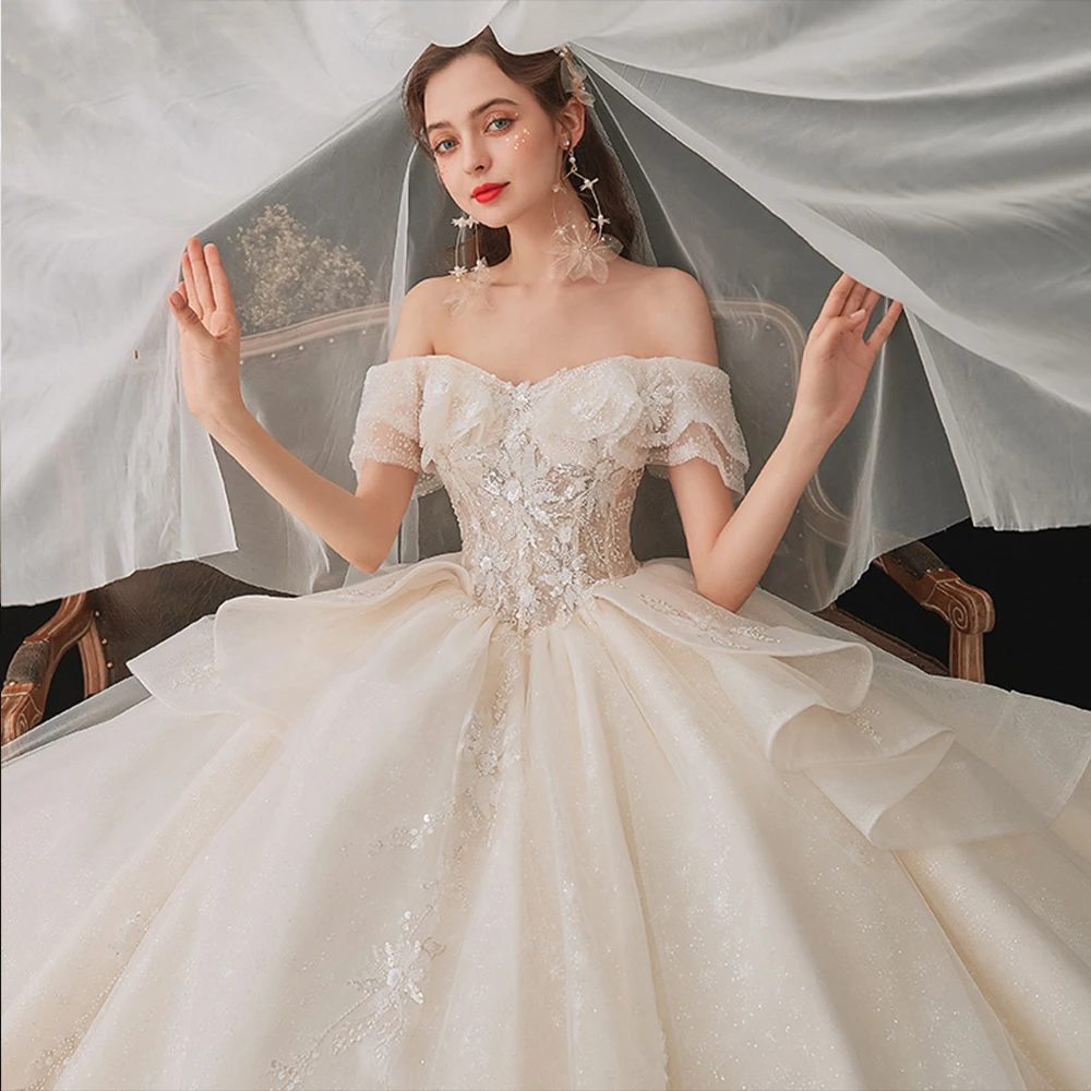 Vestido de Noiva Off The Shoulder Lace Up Back Short Sleeve Shiny Beading Crystal Tulle Princess Ball Gown Wedding Dresses winter wedding dresses