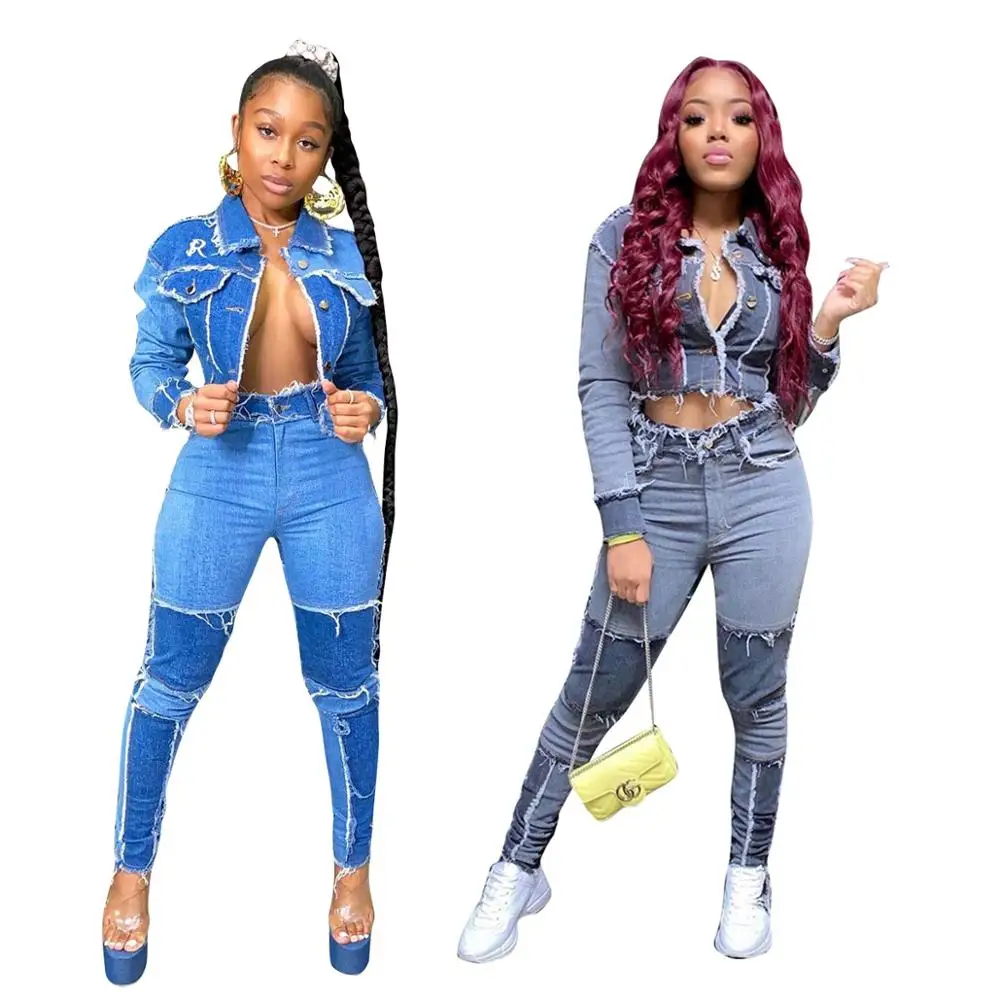 RStylish-ropa activa de tela vaquera para mujer, chaquetas de retales, pantalones vaqueros, chándal, conjunto a juego de dos piezas, conjuntos para gimnasio, novedad de 2020