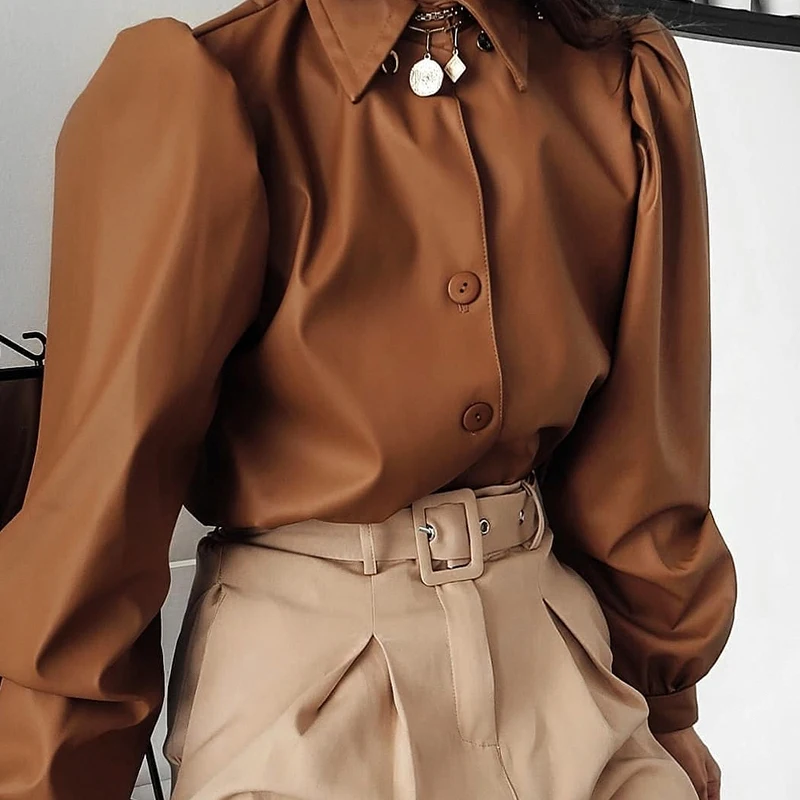 IAMSURE French Vintage Puff Long Sleeve Blouse For Women Autumn Fashion Faux Leather Turn-Down Collar Ladies Blouse Shirts