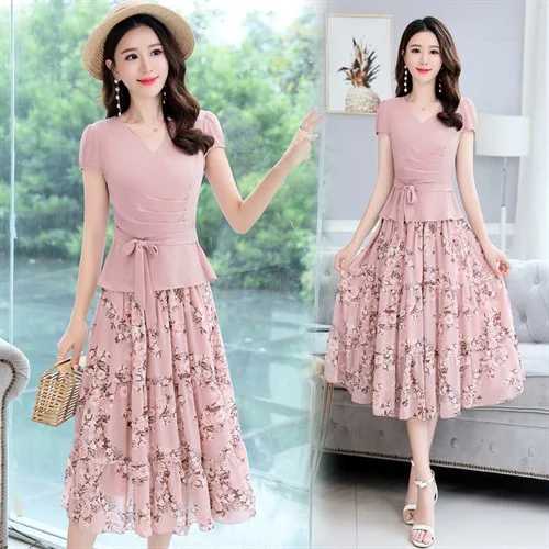 

Floral-Print Chiffon Dress 2019 New Style Summer Korean-style Short Sleeve Long Waist Hugging Slim Fit Skirt Suit Two-Piece Set