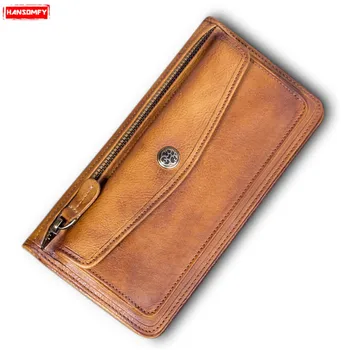 

2020 New Men Handmade Long Wallet Male Retro Real Genuine Leather Zipper Luxury Brand Thin Card Holder Purse Standard Wallets