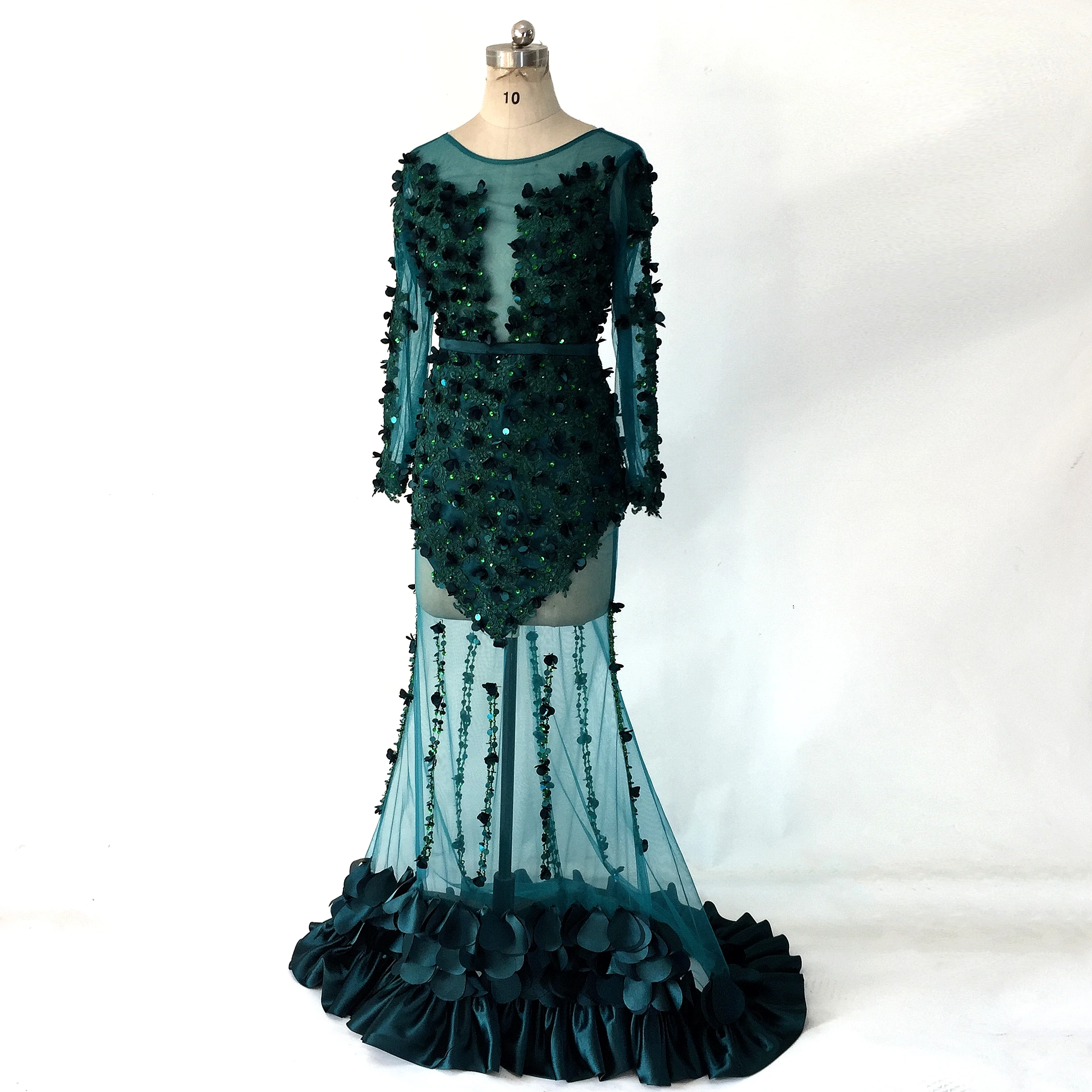 

Navy Blue V-Neck Sexy Dubai Prom Dresses 2019 Long Sleeves Beads Sequins Mermaid Formal Evening Gowns Green Party Dress flowers