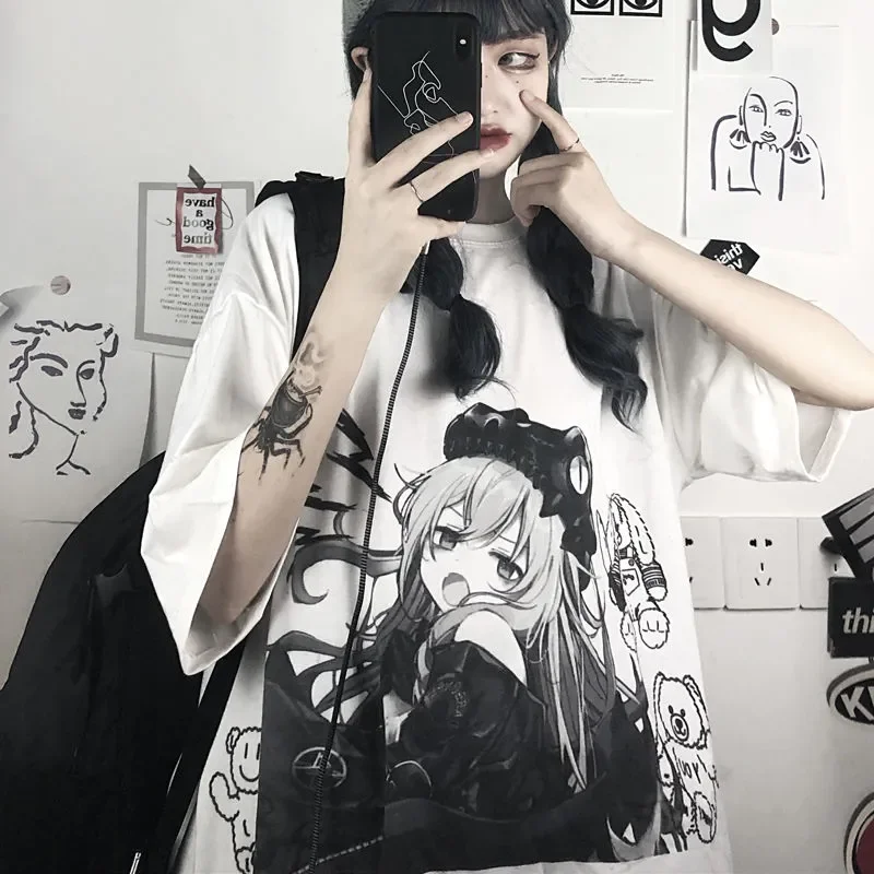 Ladies Short Sleeve T-Shirt Japanese Anime Printed Korean Kawaii Punk Women'S Clothes Harajuku Graphic White Tees Tops | Женская