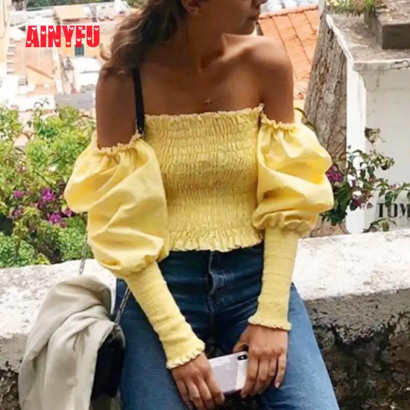 Ainyfu Fall V Neck Solid Long Bubble Sleeve T Shirt Women Streetwear Slim Short Clothes Femme Fold Off Shoulder Crop Ladies Tops